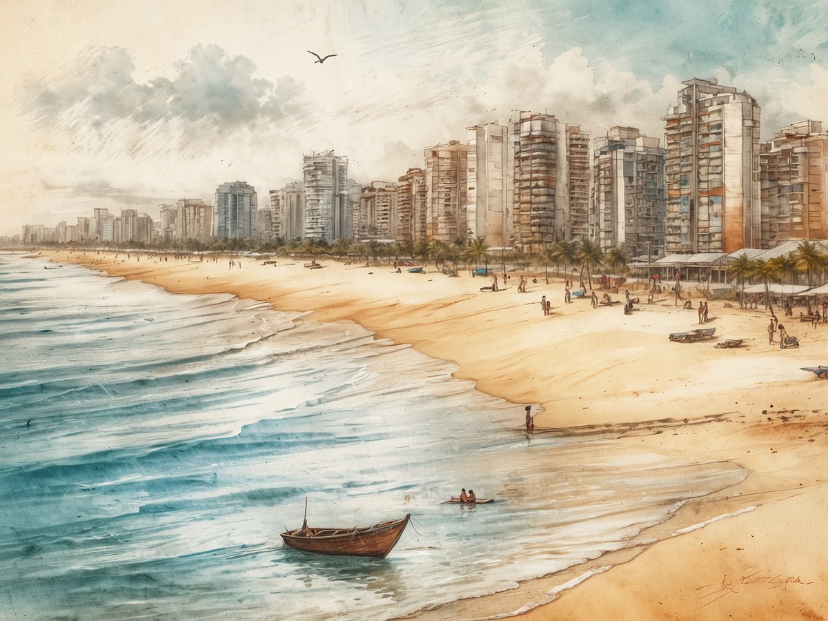 Endlose Strände und Abenteuer am Praia do Futuro in Fortaleza. Das Bild zeigt eine malerische Küstenlinie mit feinem, hellen Sandstrand, der von sanften Wellen des Ozeans umspült wird. Im Vordergrund fahren kleine Boote im Wasser, während einige Menschen am Strand entspannen oder im Wasser aktiv sind. Im Hintergrund erheben sich moderne Hochhäuser, die sich entlang der Straße erstrecken, umgeben von Palmen. Der Himmel ist teilweise bewölkt, was der Szenerie eine friedliche Atmosphäre verleiht.