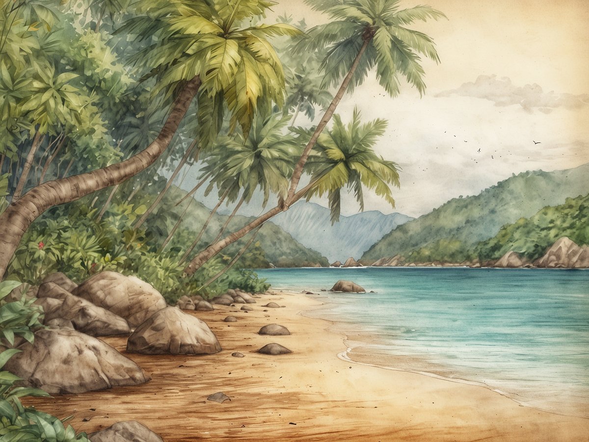 Eine malerische Küstenszene auf Ilha Grande zeigt einen feinen Sandstrand umgeben von Palmen und üppiger Vegetation. Die sanften Wellen des türkisen Wassers rollen sanft an die Küste, während im Hintergrund grüne Hügel und Berglandschaften emporragen. Steine liegen scattered am Strand und verleihen der Szenerie einen natürlichen Charme. Das gesamte Bild strahlt eine ruhige und tropische Atmosphäre aus, die die Idylle der Insel perfekt einfängt.