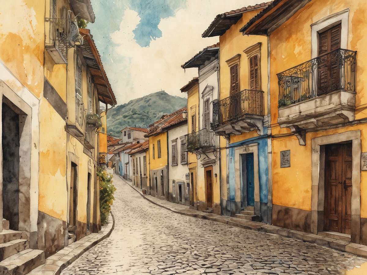 In Ouro Preto, historische Bergbau-Stadt voller Charme und Geschichte, zeigt das Bild eine malerische Straße mit steinigen Pflastersteinen, gesäumt von bunten kolonialen Gebäuden in Gelb und Blau. Die Fassaden der Häuser weisen schmiedeeiserne Balkone auf und sind von Pflanzen geschmückt. Im Hintergrund erhebt sich sanft ein grüner Hügel unter einem klaren blauen Himmel mit vereinzelten Wolken. Die Szenerie strahlt eine ruhige, einladende Atmosphäre aus und verkörpert das historische Flair der Stadt.