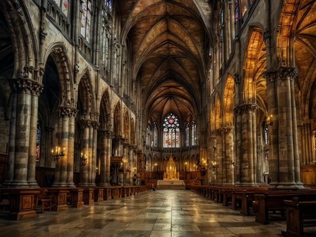 Auf dem Bild ist ein beeindruckendes Innenansicht einer gotischen Kirche oder Kathedrale zu sehen. Die hohen, gewölbten Decken und die kunstvollen Säulen verleihen dem Raum eine majestätische Atmosphäre. Bunte Kirchenfenster aus Glas filtern das Licht und schaffen eine mystische Stimmung. 

In der Geschichte von León könnte diese Kirche möglicherweise die Kathedrale von León darstellen, die für ihre beeindruckende gotische Architektur bekannt ist. Sie ist ein bedeutendes Bauwerk, das die Geschichte und Kultur der Stadt widerspiegelt. Die Architektur könnte Gläubige und Besucher anziehen und als Ort des Gebets sowie für kulturelle Veranstaltungen dienen.