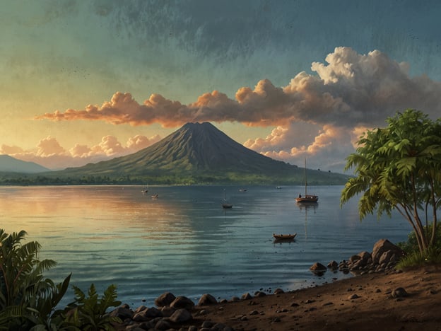 Auf dem Bild ist eine malerische Landschaft mit einem Vulkan im Hintergrund zu sehen, der sich über den ruhigen Wassern des Nicaraguasees erhebt. Die Szene vermittelt eine friedliche Atmosphäre, durch die reflektierenden Wasserflächen und den sanften Sonnenuntergang, der den Himmel in warmen Farben erleuchtet. Im Vordergrund sind einige Boote sowie grüne Pflanzen in der einzigartigen Lage im Nicaraguasee sichtbar. Die beeindruckende Natur und die ruhige Umgebung schaffen eine idyllische Stimmung.