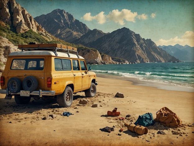 Auf dem Bild ist ein gelbes Auto zu sehen, das an einem schönen Strandparadies geparkt ist. Im Hintergrund erhebt sich eine beeindruckende Gebirgslandschaft. Der Sandstrand ist weitläufig und das Wasser glitzert in verschiedenen Blautönen. In der Nähe des Autos liegen einige persönliche Gegenstände, darunter Taschen und ein Yogamatte, was auf Aktivitäten am Strand hinweist. Die Atmosphäre wirkt sehr entspannt und einladend, ideal für einen Tag voller Abenteuer im Freien oder zum Entspannen am Meer.