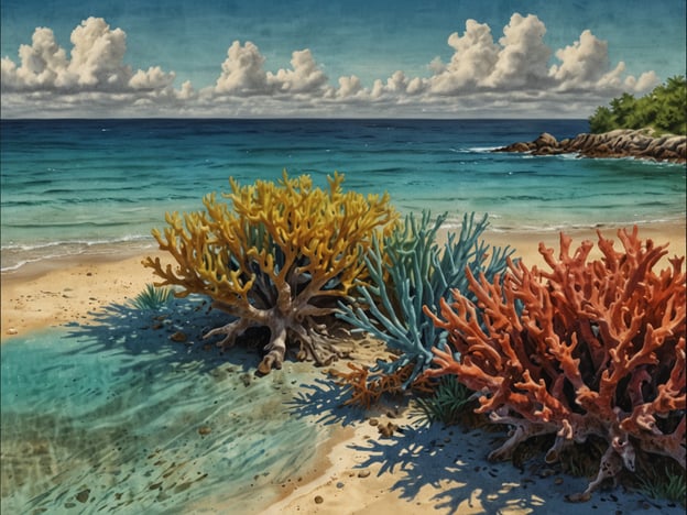 Auf dem Bild sind farbenfrohe Korallenriffe am Strand zu sehen, umgeben von klarem Wasser und einer wunderschönen Landschaft. Die leuchtenden Farben der Korallen in Gelb, Blau und Rot schimmern im Sonnenlicht und verleihen der Szenerie eine lebendige Atmosphäre. Der Himmel ist mit einigen Wolken geschmückt, was dem Gesamtbild eine entspannte und idyllische Stimmung verleiht. Dies erinnert an die zauberhaften Corn Islands, die bekannt sind für ihre beeindruckenden Korallenriffe und ihre traumhaften Strände.