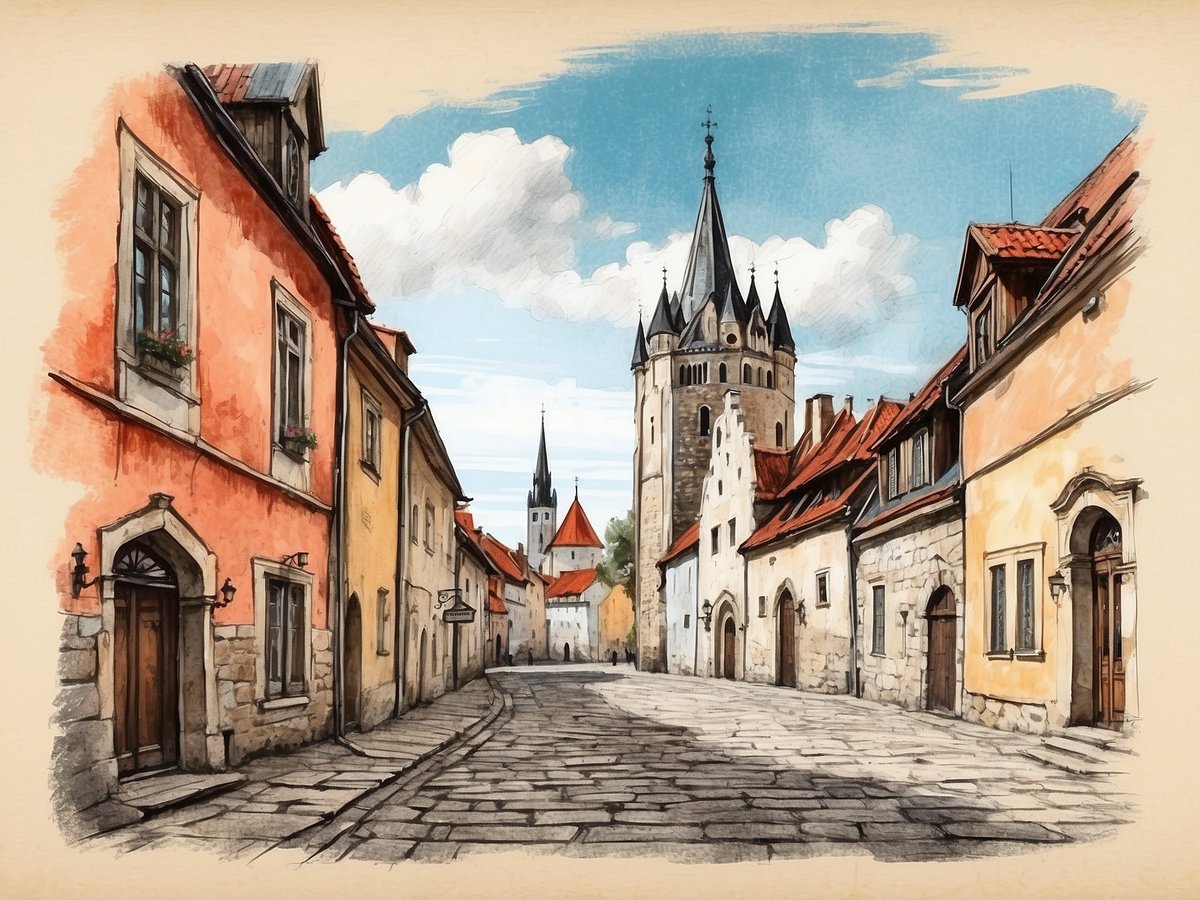 Eine malerische Straße in Tallinn mit bunten historischen Gebäuden, die in sanften Farben gestrichen sind. Auf der linken Seite steht ein orangefarbenes Haus mit einem hübsch verzierten Eingang, während das angrenzende gelbe Haus einen charmanten Reiz ausstrahlt. Zu sehen sind auch kleinere, rote Dächer und gepflegte Fenster mit Blumenkästen. In der Mitte der Szene erhebt sich ein markantes, gotisches Turmgebäude mit mehreren Spitzen, das die Aussicht dominiert. Der Himmel ist hellblau mit vereinzelten Wolken, und der Kopfsteinpflasterweg führt in die Ferne, wodurch eine einladende Atmosphäre entsteht.