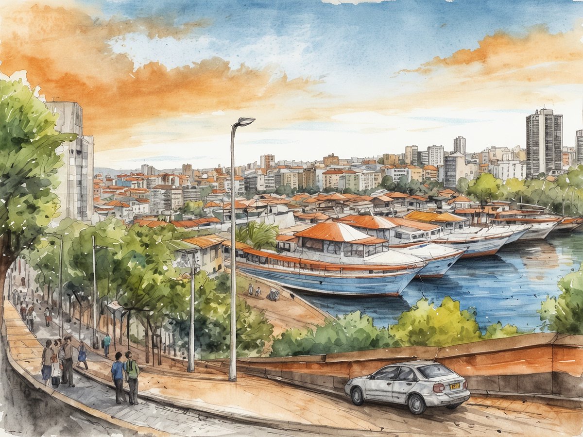 Eine malerische Ansicht von Porto Alegre zeigt am Wasser angelegte Boote, die unter einem farbenfrohen Himmel mit orangefarbenen und blauen Tönen liegen. Im Vordergrund sieht man eine belebte Promenade mit Spaziergängern, umgeben von Bäumen und Straßensockeln. Im Hintergrund erstreckt sich die Stadt mit niedrigen und hohen Gebäuden, die die typische Architektur der Region repräsentieren. Die Szene strahlt eine Atmosphäre von Kultur und Lebensfreude im Süden Brasiliens aus.