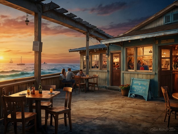 Auf dem Bild ist ein gemütliches Restaurant zu sehen, das direkt am Meer liegt, mit Blick auf einen wunderschönen Sonnenuntergang. Die Atmosphäre scheint einladend und entspannend zu sein, ideal für ein Abendessen mit Freunden oder Familie. 

In San Juan del Sur gibt es viele kulinarische Highlights, die einen Besuch wert sind. Zu den beliebtesten zählen:

1. **El Timón** – Bekannt für frische Meeresfrüchte und leckere lokale Gerichte.
2. **The Beach House** – Bietet internationale Küche mit einem fantastischen Blick aufs Meer.
3. **Casa Oro** – Ideal für gesunde Smoothies und vegetarische Optionen.
4. **Pizzeria La Bodega** – Berühmt für ihre leckeren Pizzen und entspannte Atmosphäre.

Diese Orte sind perfekt, um die lokale Küche zu genießen und den malerischen Ausblick zu erleben.