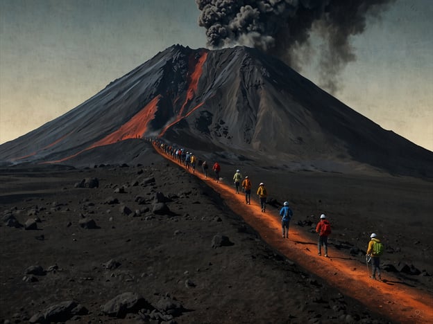 Auf dem Bild sind zahlreiche Wanderer zu sehen, die einen Vulkan erklimmen. Der Cerro Negro, ein aktiver Vulkan in Nicaragua, ist bekannt für Vulkanboarding, bei dem Abenteurer auf einer speziellen Art von Board die steilen Hänge hinunterfahren. Der Vulkan sieht majestätisch aus, mit rauchenden Wolken, die aus seinem Gipfel aufsteigen, und der Pfad ist von dunkler Lava und Gestein gesäumt. Dieses Abenteuer zieht viele Abenteuerlustige an, die die Kombination aus Wandern und dem Nervenkitzel des Vulkanboardings erleben möchten.