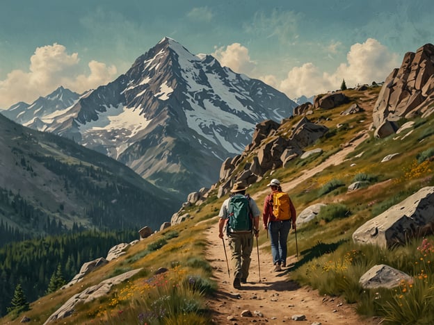 Auf dem Bild sind zwei Wanderer zu sehen, die auf einem schmalen Weg in den Bergen unterwegs sind. Die Umgebung ist geprägt von einer beeindruckenden Berglandschaft mit schneebedeckten Gipfeln und üppigem Grün. Die beiden Personen tragen Wanderausrüstung und sind mit Rucksäcken ausgestattet, was sie als erfahrene Wanderer kennzeichnet. 

**Der Weg zum Gipfel: Anreise und Orientierung**: Um sicher ans Ziel zu gelangen, ist es wichtig, die passende Route zu wählen und sich entsprechend vorzubereiten. Dazu gehören die gründliche Planung der Anreise, die Berücksichtigung von Wetterbedingungen und die Verwendung von Karten oder GPS-Geräten zur Orientierung. Zudem sollten die Wanderer auf dem ausgewiesenen Pfad bleiben, um die natürliche Umgebung zu schonen und sich nicht zu verlaufen.