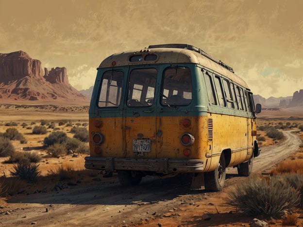 Auf dem Bild ist ein alter, bunt lackierter Bus zu sehen, der auf einem staubigen Weg in einer weiten, trockenen Landschaft steht. Im Hintergrund sind beeindruckende Felsformationen und Berge abgebildet, während der Himmel in warmen Tönen leuchtet. Nach dem Abstieg: Zurück zur Zivilisation könnte man sich vorstellen, dass dieser Bus eine Reise durch abgelegene Gegenden symbolisiert, bevor man wieder in die belebten Städte zurückkehrt.