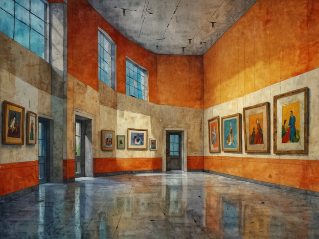 Auf dem Bild ist eine gemütliche Kunstgalerie oder ein Museum zu sehen. Die Wände sind in warmen Farben gestaltet, und verschiedene Bilder sind in Rahmen aufgehängt, die die Wände schmücken. Der Boden ist glänzend und reflektiert das Licht, das durch die Fenster einströmt. Die Galerie wirkt einladend und bietet einen Raum, in dem Besucher die Kunstwerke bewundern und die Atmosphäre genießen können. Es scheint ein ruhiger Ort zu sein, ideal für Kunstliebhaber.