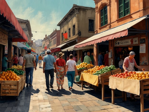 Auf dem Bild ist eine lebhafte Szene eines traditionellen Marktes zu sehen. Die Straße ist gesäumt von Verkaufsständen, die frisches Obst wie Orangen und Äpfel anbieten. Menschen schlendern durch die Gasse, und es gibt eine gesellige, einladende Atmosphäre. Die farbenfrohen Stände und die historischen Gebäude im Hintergrund schaffen ein charmantes Ambiente, das typisch für traditionelle Märkte ist. 

Im Gegensatz dazu könnten moderne Shopping-Hotspots, wie große Einkaufszentren oder elegante Boutiquen, eine ganz andere Erfahrung bieten, mit klimatisierten Räumen, einer Vielzahl von Marken und einem fokussierten Einkaufserlebnis. Während traditionelle Märkte oft das Flair und die Gemeinschaft der lokalen Kultur einfangen, sind moderne Shopping-Hotspots auf Bequemlichkeit und Vielfalt ausgelegt.