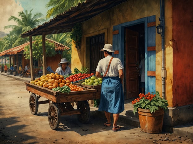 Auf dem Bild ist ein lebendiger Markt in Nicaragua zu sehen, wo frisches Obst und Gemüse verkauft wird. Die bunte Vielfalt an Früchten könnte Mangos, Papayas, Tomaten und Limetten umfassen, die typische und beliebte Zutaten in der nicaraguanischen Küche sind. Diese Produkte werden oft in Gerichten wie "Gallo Pinto" verwendet, ein traditionelles Reis- und Bohnen-Gericht, das als Grundnahrungsmittel gilt. Auch die frischen Früchte sind wichtig für Snacks und Desserts, die in Nicaragua genossen werden. Der einladende Marktplatz spiegelt die kulinarischen Genüsse des Landes wider.