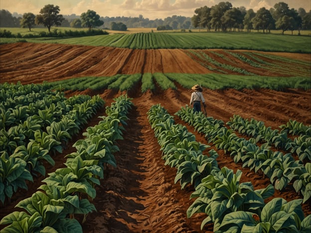 Auf dem Bild ist eine Tabakplantage zu sehen. Im Vordergrund wachsen Reihen von üppigem Tabak, dessen grüne Blätter deutlich zu erkennen sind. Ein Arbeiter in einem Hut ist in der Mitte des Bildes zu sehen, der durch die Plantage geht und sich um die Pflanzen kümmert. Die Landschaft im Hintergrund zeigt sanfte Hügel und weitere Felder, was auf ein weitläufiges landwirtschaftliches Gebiet hinweist. Es vermittelt eine ruhige, ländliche Atmosphäre und das Leben auf einer Tabakfarm.