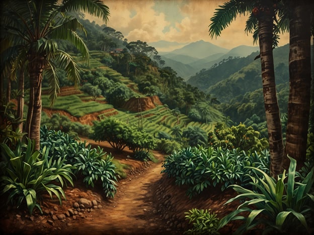 Auf dem Bild ist eine malerische Landschaft zu sehen, die die üppigen Kaffeeplantagen in Matagalpa darstellt. Die sanften Hügel sind mit Reihen von Kaffeepflanzen bepflanzt, die in der warmen, tropischen Umgebung gedeihen. Palmen und andere grüne Pflanzen umrahmen den schmalen Pfad, der durch das Gebiet führt, und im Hintergrund sind Bergzüge zu erkennen, die die natürliche Schönheit der Region unterstreichen. Diese Szene spiegelt die traditionelle Kaffeekultur in Matagalpa wider, wo der Anbau von Kaffee eine wichtige Rolle in der Wirtschaft und im Alltag der Menschen spielt.