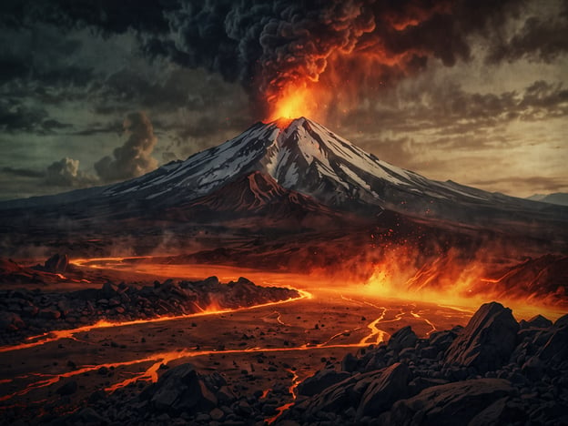 Auf dem Bild ist ein aktiver Vulkan zu sehen, der ausbricht. Glühende Lava fließt den Hang hinunter, während schwarze Rauchwolken und Glutschweifel in den Himmel steigen. Die Szene strahlt eine dramatische und aufregende Atmosphäre aus. Es scheint, als könnte man das Abenteuer eines aktiven Vulkans erleben, mit all der Kraft und Schönheit der Natur, die in dieser einzigartigen Darstellung eingefangen ist.