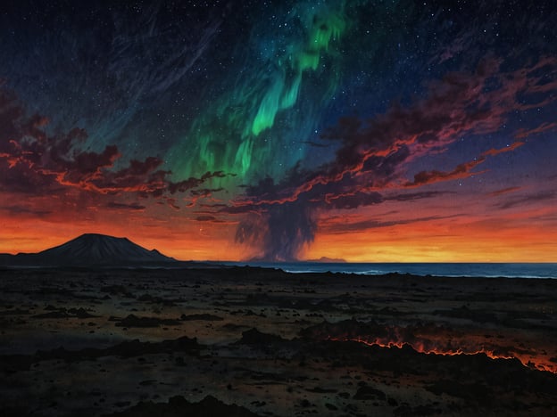 Auf dem Bild ist eine beeindruckende Landschaft zu sehen, die durch eine dramatische Himmelsszenerie mit Nordlichtern und einer stark gefärbten Dämmerung geprägt ist. Im Vordergrund sind dunkle, vulkanische Felsen und möglicherweise Lava zu erkennen. Im Hintergrund erhebt sich ein Vulkan, der die Szene dominiert.

Für atemberaubende Lavabeobachtungen sind die besten Zeiten und Orte:

1. **Island** – Besonders im Sommer, von Juni bis August, wenn die Tage lang sind, sind die besten Gelegenheiten, aktive Vulkane und Lavaflüsse zu beobachten.

2. **Hawaii** – Auf Big Island, insbesondere am Kilauea-Vulkan, kann man oft sprudelnde Lava sehen. Die besten Monate sind Dezember bis April, wenn das Wetter stabiler ist.

3. **Äthiopien** – Der Erta Ale Vulkan bietet spektakuläre Lavabeobachtungen. Die beste Zeit ist während der Trockenzeit von November bis April.

4. **Italien** – Der Ätna und der Vesuv sind ebenfalls gute Orte für Lavaaktivitäten. Die beste Zeit ist im Frühling oder Spätherbst.

5. **Kamikaze, Japan** – Bei Vulkanen wie Sakurajima kann man oft Lava sehen. Die Zeit nach den Regenzeiten, etwa im Oktober, kann sehr attraktiv sein.

Diese Orte bieten nicht nur faszinierende Lavabeobachtungen, sondern auch beeindruckende Landschaften und ein unvergleichliches Naturerlebnis.