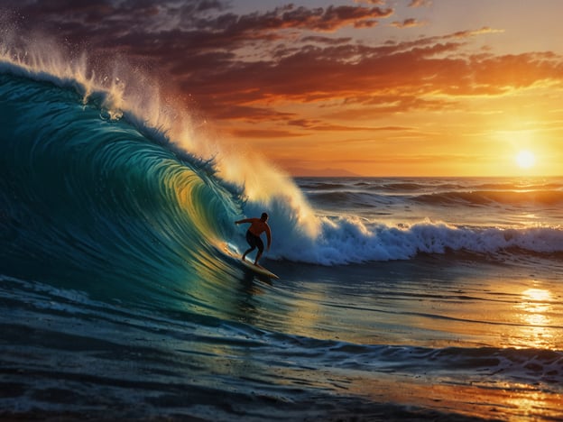 Auf dem Bild ist ein Surfer zu sehen, der auf einer beeindruckenden Welle surft. Die Welle bricht kraftvoll und reflektiert das warme Licht der untergehenden Sonne, was eine atemberaubende Kulisse schafft. Der Surfer scheint den Moment zu genießen, während er durch die Welle gleitet. Diese Szenerie vermittelt ein Gefühl von Freiheit und Abenteuer, das mit dem Surfen verbunden ist.