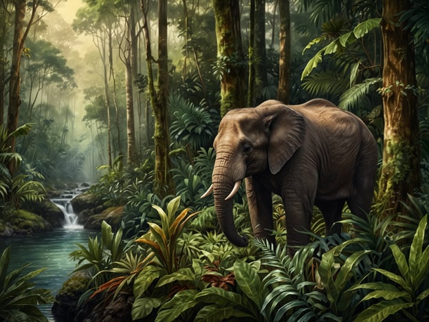 Auf dem Bild ist ein Elefant in einem dichten Dschungel zu sehen. Umgeben von üppiger Vegetation und einem Wasserlauf stellt diese Szene die Schönheit und den Reichtum der Biodiversität dar. Der Schutz und die Bewahrung der Biodiversität sind entscheidend, um solche Lebensräume und die darin lebenden Arten zu erhalten. Der Elefant spielt eine wichtige Rolle im Ökosystem, und seine Erhaltung trägt dazu bei, das Gleichgewicht in der Natur zu wahren.