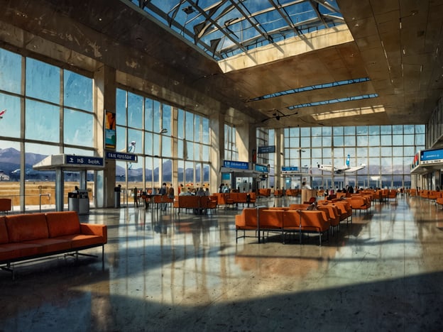 Auf dem Bild ist eine Flughafenhalle zu sehen. Die Anreise erfolgt durch den großzügigen Eingangsbereich, der durch große Fenster mit Tageslicht durchflutet wird. Die Umgebung ist modern und einladend, mit orangesofaähnlichen Sitzgelegenheiten und einem klaren Blick auf das Rollfeld und die Berge im Hintergrund. Passagiere warten hier auf ihren Flug, während einige Stationsschilder und Check-in-Bereiche sichtbar sind. Das Gesamtbild vermittelt ein Gefühl von Reisevorfreude und offenen Möglichkeiten.