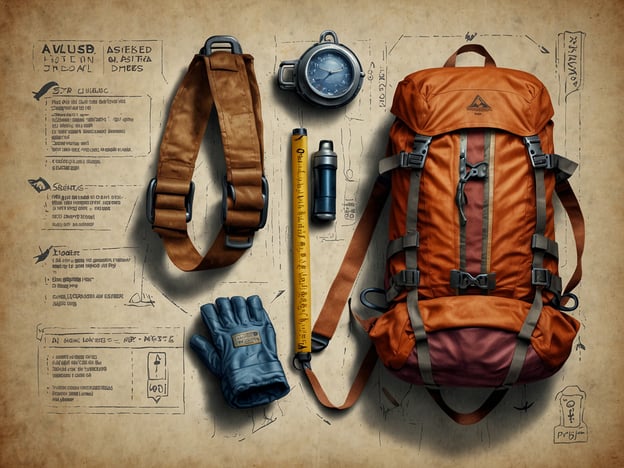 Auf dem Bild ist eine Ausrüstung für das Wandern oder andere Outdoor-Aktivitäten zu sehen. Darunter sind ein Rucksack in Orange und Braun, ein Kompass, eine Wasserflasche, ein Maßband, ein Paar Handschuhe sowie ein Gürtel oder eine Trageschlaufe abgebildet. Im Hintergrund sind skizzierte Anleitungen oder Notizen, die vermutlich technische Details oder Tipps für den Einsatz der Ausrüstung enthalten.

**Tipps für deinen Aufstieg:**
1. **Packe leicht und effizient:** Nimm nur die nötigsten Dinge mit, um dein Gewicht zu minimieren.
2. **Vertraue auf deine Ausrüstung:** Stelle sicher, dass alles gut funktioniert, bevor du losgehst.
3. **Plane deinen Weg:** Informiere dich über die Route, погода und mögliche Gefahren.
4. **Trinke ausreichend Wasser:** Hydration ist wichtig, um geistig und körperlich fit zu bleiben.
5. **Höre auf deinen Körper:** Mache Pausen, wenn du müde bist, und passe dein Tempo an.