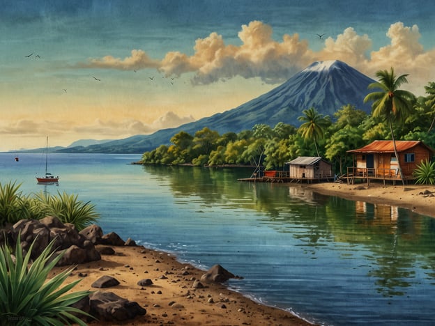 Nach dem Gipfel: Entspannung und Erkundung von Ometepe. Auf dem Bild ist eine idyllische Landschaft zu sehen, die den Vulkan Concepción zeigt, der majestätisch im Hintergrund thront. Im Vordergrund verläuft ein ruhiger Strand mit sanften Wellen, umgeben von grünen Palmen und Sträuchern. Eine kleine, rot-weiße Boot ist auf dem Wasser zu sehen, und es gibt einige Holzhäuser am Ufer, die eine authentische Atmosphäre vermitteln. Der Himmel ist von weichen Wolken und einer warmen Farbpalette geprägt, die eine friedliche und einladende Stimmung erzeugt.