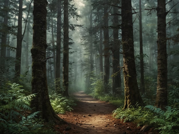 Auf dem Bild sind Wanderwege durch geheimnisvolle Nebelwälder zu sehen. Die dichten Bäume und das sanfte Licht, das durch den Nebel dringt, verleihen der Landschaft eine mystische Atmosphäre. Der schmale Pfad, der zwischen den Baumstämmen verläuft, lädt dazu ein, die unentdeckten Geheimnisse des Waldes zu erkunden. Die üppige Vegetation und das Spiel von Licht und Schatten schaffen eine faszinierende und zugleich ruhige Umgebung.