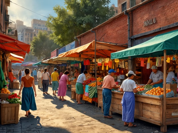 Auf dem Bild ist ein bunter Markt zu sehen. Die Marktstände sind mit einer Vielzahl von frischem Obst und Gemüse bedeckt, und Menschen schlendern zwischen den Ständen umher. Die Atmosphäre wirkt lebhaft und einladend, mit bunten Markisen und vielen Besuchern, die sich um die Waren kümmern. Es scheint ein Ort zu sein, an dem man die Vielfalt und die Farben des Marktes erleben kann. Bunte Märkte erleben!