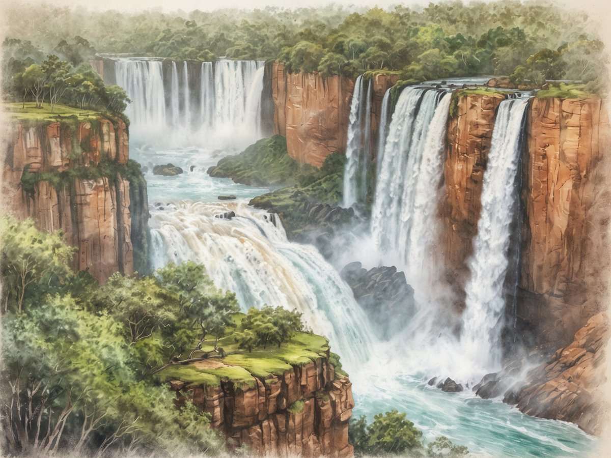 Die brasilianische Seite der gigantischen Iguazú-Wasserfälle zeigt eine beeindruckende Landschaft mit majestätischen Wasserfällen, die aus hohen, steilen Klippen herabstürzen. Grünes Uferland und üppige Vegetation umgeben die Wasserfälle, während das kraftvolle Wasser in verschiedenen Strömungen über die Felsen gleitet. Nebelschwaden steigen aus dem Wasser auf und kreieren eine mystische Atmosphäre, die die Schönheit und Kraft der Natur eindrucksvoll zur Geltung bringt.