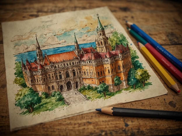 Auf dem Bild ist eine Aquarellzeichnung eines beeindruckenden Gebäudes zu sehen, das an ein Schloss oder eine historische Architektur erinnert. Es gibt eine Küstenlandschaft im Hintergrund, die den Eindruck von einem malerischen Ort vermittelt. Um das Beste aus einem Besuch in einem solchen historischen Gebäude oder eine ähnliche Sehenswürdigkeit herauszuholen, hier einige Tipps:

1. **Frühzeitig planen**: Informiere dich über Öffnungszeiten und mögliche Führungen im Voraus. 

2. **Führungen in Anspruch nehmen**: Oft gibt es geführte Touren, die interessante Informationen und Geschichten bieten.

3. **Kamera mitnehmen**: Halte die schönen Momente fest, aber achte darauf, die Regeln bezüglich Fotografieren zu respektieren.

4. **Gemütliche Kleidung tragen**: Bequeme Schuhe sind wichtig, da man viel laufen wird, besonders wenn es sich um große Areale handelt.

5. **Hydration**: Bringe eine Wasserflasche mit, besonders wenn man im Freien unterwegs ist.

6. **Souvenirs**: Überlege, lokale Souvenirs oder Kunstwerke zu kaufen, um die Erfahrung festzuhalten.

Diese Tipps sorgen für einen gelungenen und bereichernden Besuch!