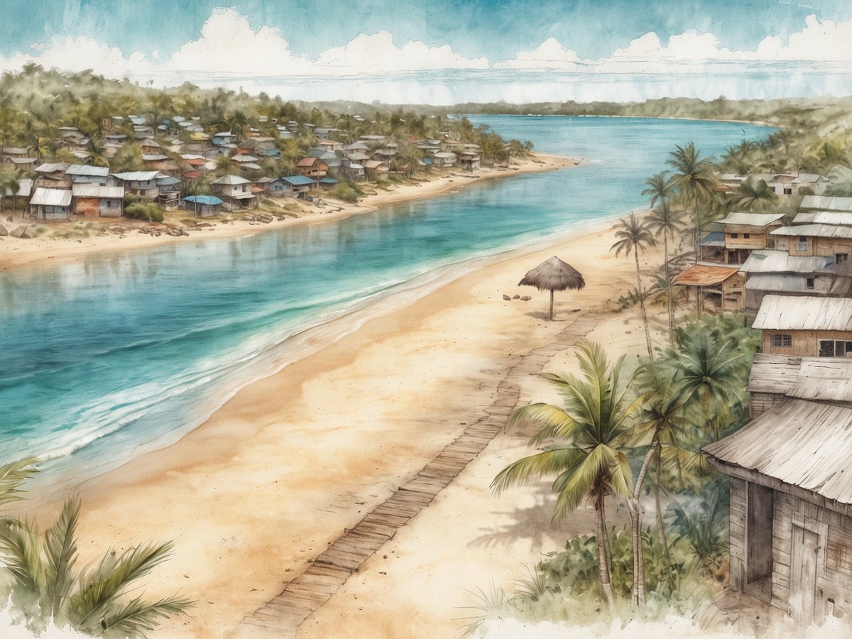 Ein idyllisches Küstenbild von Barra Grande, das einen ruhigen Strand zeigt, der zu träumerischen Spaziergängen einlädt. Im Vordergrund erstreckt sich feiner Sand, der sanft ins glitzernde, türkisfarbene Wasser übergeht. Palmen säumen die Uferlinie und verleihen der Szene ein tropisches Flair. Im Hintergrund sind einfache, bunte Holzhäuser zu sehen, die auf einem bewaldeten Hügel liegen. Ein schattiges Strohdach am Strand lädt zum Entspannen ein, während die sanften Wellen des Wassers leise plätschern. Die gesamte Atmosphäre strahlt Frieden und natürlichen Charme aus.