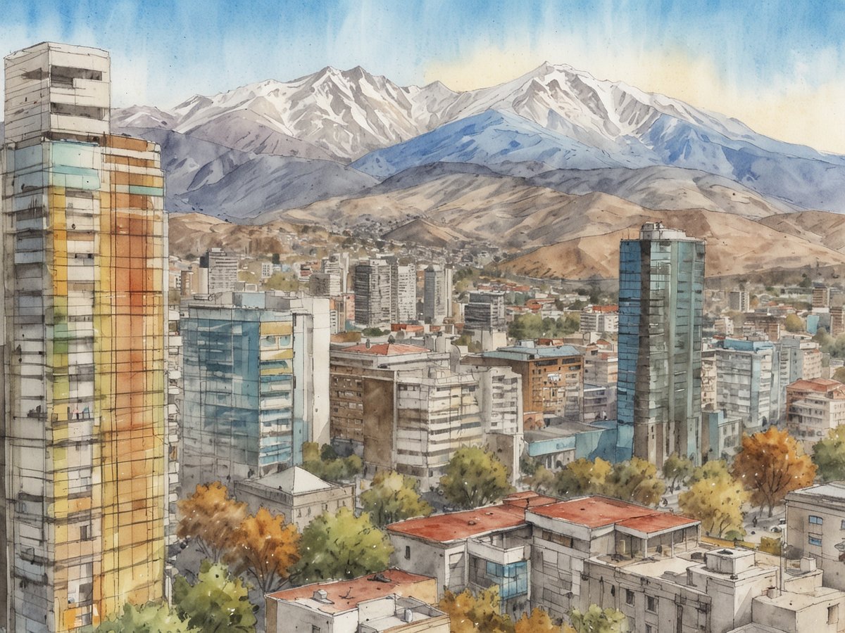 Eine malerische Aussicht auf Santiago de Chile, wo moderne Hochhäuser harmonisch mit der umgebenden Natur verschmelzen. Im Hintergrund erheben sich majestätische Anden mit schneebedeckten Gipfeln, während im Vordergrund das pulsierende Leben der Stadt sichtbar wird. Die Gebäude sind unterschiedlich hoch und in verschiedenen Farben gestaltet, umgeben von lebendigen Bäumen, was das städtische und gleichzeitig natürliche Flair der Hauptstadt unterstreicht. Der Himmel strahlt in sanften Blau- und Gelbtönen, die die Atmosphäre der Metropole einfangen.