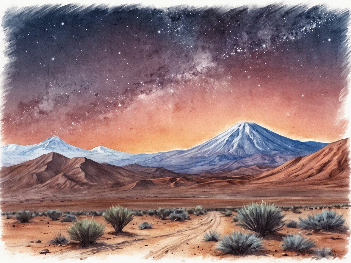 Eine beeindruckende Landschaft der Atacama-Wüste mit sanften Hügeln und majestätischen Bergen im Hintergrund. Der Himmel leuchtet in warmen Farben zum Sonnenuntergang, während ein funkelnder Sternenhimmel und die Milchstraße deutlich sichtbar sind. Der malerische Anblick vermittelt das Gefühl einer Mondlandschaft, ergänzt durch spärliche Vegetation und einen schmalen Weg, der durch die Wüste führt.