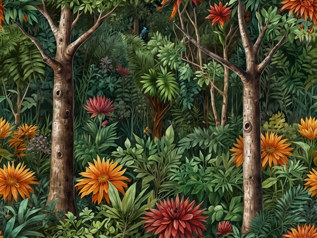 Auf dem Bild ist ein dichter, üppiger Wald mit einer Vielzahl an Flora und Fauna zu sehen. Der Wald ist reich an verschiedenen Pflanzenarten, darunter hohe Bäume, farbenfrohe Blumen und dichtes Laubwerk. Die Blumen sind in warmen Farbtönen wie Orange und Rot gehalten, während das grüne Blattwerk eine üppige, tropische Atmosphäre schafft. In der Umgebung scheinen auch einige Tiere zu verstecken, die zur lebendigen Vielfalt der Natur beitragen. Insgesamt vermittelt das Bild ein Gefühl von Leben und natürlicher Schönheit.