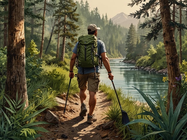 Auf dem Bild ist eine Person zu sehen, die auf einem Pfad in einem Naturreservat wandert. Der Wanderer trägt einen Rucksack und hat einen Stock in der Hand, was auf eine Wanderaktivität hindeutet. Im Hintergrund sind Bäume, ein Fluss und Berge sichtbar, was ein typisches Bild der Naturverbundenheit und der Erkundung von unberührter Landschaft zeigt. Diese Art von Aktivität fördert das Erleben der Natur und das Einschätzen der schönen Umgebung.