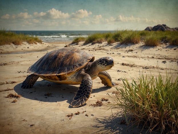 Auf dem Bild ist eine Schildkröte zu sehen, die am Strand entlang krabbelt. Im Hintergrund erkennt man das Meer und den Himmel mit einigen Wolken. Das La Flor Wildlife Refuge ist bekannt für seine Schönheit und die Artenvielfalt, einschließlich der Schildkrötenarten, die dort nisten. Die Sandlandschaft und das Gras umgeben die Schildkröte und schaffen eine natürliche Umgebung, die für das Refuge typisch ist.