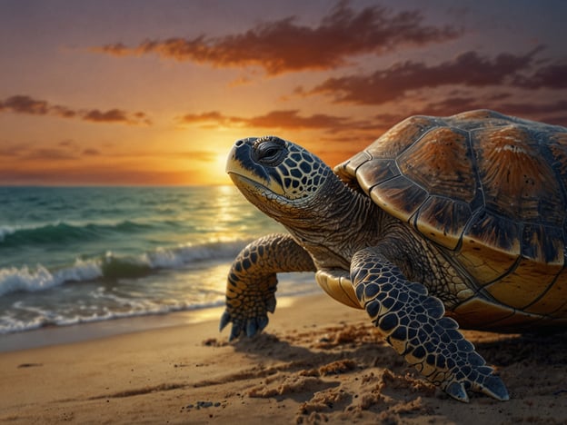 Auf dem Bild ist eine Schildkröte zu sehen, die sich an einen Strand bewegt. Die Umgebung suggeriert, dass es Sonnenuntergang ist, da der Himmel in warmen Farben leuchtet. 

### Beobachtungsmöglichkeiten:
- **Schildkröte**: Die Details der Schale sind gut erkennbar, sie hat eine interessante Musterung und scheint sich auf dem Weg ins Wasser zu befinden.
- **Strand**: Der Sand ist offensichtlich weich, und die Wellen des Meeres brechen sanft an die Küste.
- **Himmel**: Die Wolken reflektieren die Farben des Sonnenuntergangs, was eine friedliche Atmosphäre schafft.

### Aktivitäten:
- **Beobachtung der Schildkröte**: Man könnte ihre Bewegung und die Art und Weise, wie sie sich ans Wasser annähert, beobachten.
- **Fotografieren des Sonnenuntergangs**: Die Schönheit des Himmels könnte inspirierend sein und viele dazu anregen, Fotos zu machen.
- **Genießen der Natur**: Die Szene lädt zum Entspannen und zur Achtsamkeit in der Natur ein.