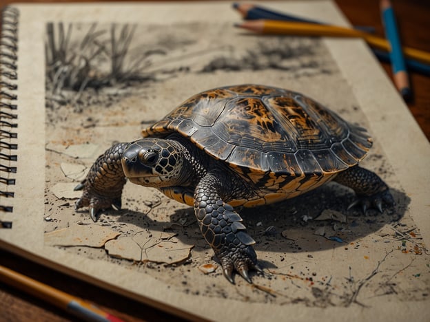 Auf dem Bild ist eine Schildkröte zu sehen, die auf einer geöffneten Skizzenbuchseite steht. Die Seite zeigt eine künstlerische Darstellung einer Landschaft, die mit Buntstiften und skizzenhaften Details gestaltet ist. Die Schildkröte wirkt lebendig und realistisch, während der Hintergrund in einem eher skizzenhaften Stil gehalten ist.

Dieses Bild könnte als eine schöne Verbindung zwischen Fotografie und der Kunst des Zeichnens betrachtet werden. Es hält die Erinnerungen von Erlebnissen in der Natur fest, indem es die Details des Tieres in den Vordergrund rückt und zugleich die Kreativität des Zeichners widerspiegelt. Solche Darstellungen laden dazu ein, über die langsamen, ruhigen Bewegungen der Schildkröte nachzudenken und die Harmonie zwischen Kunst und Natur zu genießen.