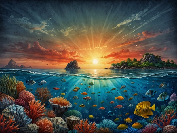 Auf dem Bild sind die Kostbarkeiten des Karibischen Meeres zu sehen. Der wunderschöne Sonnenuntergang strahlt über dem Wasser und wirft ein warmes Licht auf die bunte Unterwasserwelt. Eine Vielzahl von Korallen und bunten Fischen schwimmt durch das klare Wasser. Die Korallenriffe erscheinen in vielen lebhaften Farben und bieten Lebensraum für die verschiedenen Fischarten, die mit ihren leuchtenden Schuppen durch das Bild schwimmen. Im Hintergrund sind auch einige felsige Inseln und ein bewaldeter Küstenstreifen sichtbar, was die idyllische Kulisse vervollständigt. Diese Szene zeigt die beeindruckende Schönheit und Vielfalt des karibischen Meeres.