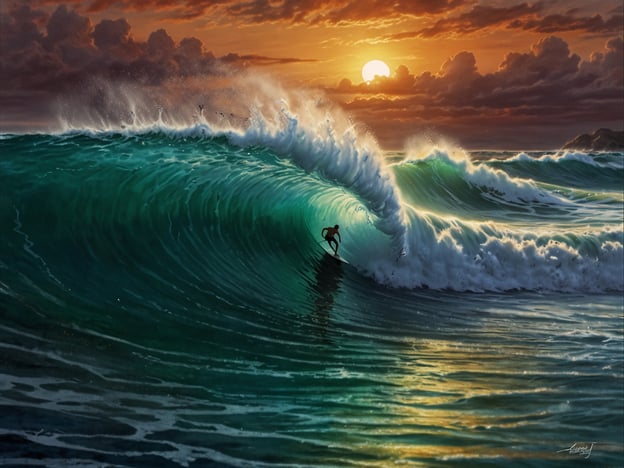 Auf dem Bild ist ein atemberaubender Moment beim Surfen zu sehen. Ein Surfer reitet eine große, majestätische Welle, die sich in ihrer perfekten Form aufbaut. Im Hintergrund geht die Sonne auf und strahlt ein warmes Licht auf die wolkenverhangene Himmel, während das Wasser in verschiedenen Grüntönen schimmert. Die Szenerie vermittelt ein Gefühl von Freiheit und Abenteuer, wie man es am Playa Maderas erleben könnte – dort, wo die Wellen optimal zum Surfen sind.