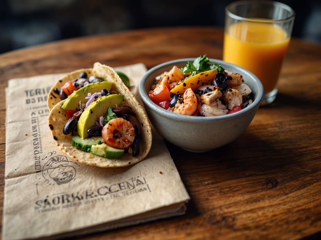 Auf dem Bild sind zwei köstliche Tacos zu sehen, gefüllt mit frischem Gemüse wie Avocado, Gurke und Tomaten sowie Garnelen. Daneben befindet sich eine Schüssel mit einer bunten Meeresfrüchte-Mischung, die wahrscheinlich ebenfalls Garnelen und andere Zutaten enthält. Dazu gibt es ein Glas frisch gepressten Saft.

In Playa Maderas sind solche kulinarischen Highlights sehr beliebt. Die Region ist bekannt für ihre frischen Zutaten und regionalen Spezialitäten, darunter Fisch- und Meeresfrüchte-Gerichte, die perfekt zu den tropischen Aromen und dem entspannten Ambiente der Küste passen.