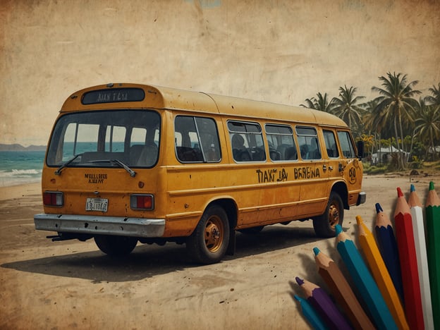 Auf dem Bild ist ein gelbes Taxi zu sehen, das am Strand steht, umgeben von Palmen und einer Küstenlandschaft. Solche Taxis könnten häufig in tropischen Urlaubsorten zu finden sein, wo sie Reisende zu ihren Unterkünften bringen. Für die Anreise könnten Touristen dieses Taxi nutzen, um von Flughäfen oder Hotels zu verschiedenen Attraktionen oder Stränden zu gelangen. Die entspannte Atmosphäre und die malerische Umgebung machen es zu einem idealen Ort für einen Aufenthalt.