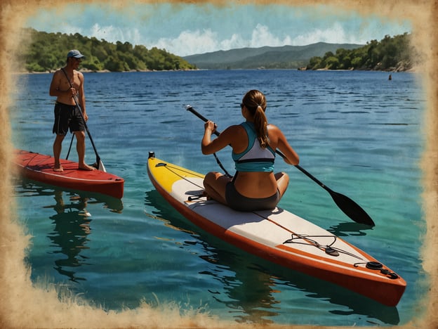 Auf dem Bild sieht man zwei Personen, die auf Stand-Up-Paddle-Boards (SUP) auf einem ruhigen Gewässer paddeln. Die Szenerie vermittelt eine entspannte und sonnige Atmosphäre. 

Für verschiedene Geschmäcker könnten folgende Aktivitäten in dieser Umgebung interessant sein:

1. **Wassersport**: Neben Stand-Up-Paddling könnte man auch Kajakfahren oder Windsurfen ausprobieren.
2. **Schwimmen**: Das klare Wasser lädt zum Schwimmen und Erfrischen ein.
3. **Naturerkundung**: Eine Erkundungstour entlang der Küste oder durch nahegelegene Naturschutzgebiete wäre ideal für Naturliebhaber.
4. **Picknick**: Ein entspanntes Picknick am Ufer oder auf einem der Boards kann eine schöne Abwechslung bieten.
5. **Fotografie**: Die malerische Landschaft eignet sich hervorragend für tolle Urlaubsfotos.

Es gibt also viele Aktivitäten, die man in dieser schönen Umgebung genießen kann!