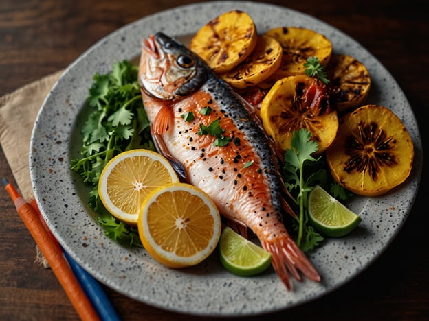 Auf dem Bild ist ein schön angerichteter Teller mit Fisch zu sehen, der möglicherweise in der Region an der Küste genossen wird. Der Fisch, wahrscheinlich Lachs oder Forelle, wird von frischen Kräutern wie Koriander umgeben. Dazu gibt es gegrillte Zitrusfrüchte, darunter Zitronen und Limetten, die typisch für die regionale Küche sind. Solche Zubereitungen sind oft in Küstenregionen zu finden, wo frischer Fisch und Zitrusfrüchte eine wichtige Rolle spielen. Die Kombination von Aromen und die ansprechende Präsentation machen dieses Gericht besonders einladend.