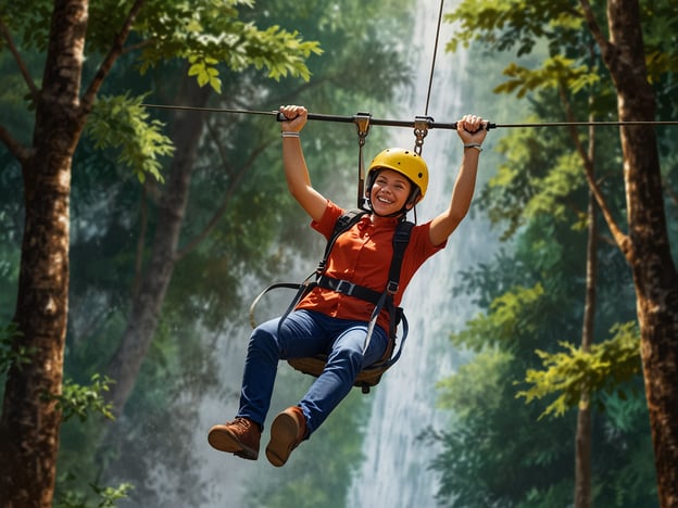 Auf dem Bild ist eine Person beim Ziplining zu sehen, was einen echten Adrenalinkick in luftiger Höhe bietet. Die Person trägt einen Helm und ist an einem Seil befestigt, während sie durch eine grüne, bewaldete Umgebung schwingt. Im Hintergrund ist ein Wasserfall sichtbar, der die aufregende Atmosphäre des Abenteuers unterstreicht.