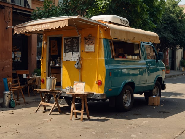 Auf dem Bild ist ein farbenfroher Food Truck zu sehen, der in einer Straße steht. Er hat eine gelbe und türkisfarbene Außenfarbe und ist mit einer Markise ausgestattet. Vor dem Truck stehen einige Tische und Stühle, was auf einen gemütlichen Ort hinweist, an dem man etwas essen oder trinken kann. 

Für deinen Besuch an der Laguna de Tiscapa habe ich ein paar Tipps:

1. **Früh starten**: Die Morgenstunden bieten oft die beste Aussicht und weniger Touristen.
2. **Fotokamera mitbringen**: Die Landschaft ist atemberaubend, und es gibt viele Fotomotive.
3. **Essen und Trinken**: Packe Snacks und ausreichend Wasser ein, da es nicht viele Essensmöglichkeiten in der Nähe gibt.
4. **Aktivitäten planen**: Überlege dir, ob du Wandern oder Bootsfahrten unternehmen möchtest, um die Umgebung zu erkunden.
5. **Sicherheitsvorkehrungen**: Achte auf deine Wertsachen und informiere dich über die Sicherheitslage in der Region.