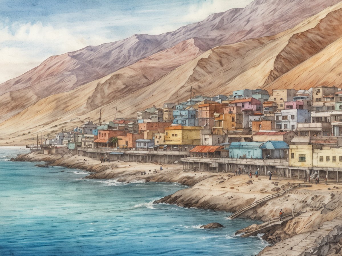 Eine malerische Küstenansicht von Iquique mit bunten Häusern, die an einem Steilhang gebaut sind. Die Sanftheit der Wellen der Küste ist sichtbar, während der blaue Himmel über der Szenerie schimmert. Auf dem Strand sind Menschen zu sehen, die sich entspannen und Spaziergänge machen. Hinter den Häusern ragen majestätische Berge in sanften Brauntönen auf, die die Küstenlinie umgeben. Diese Szene spiegelt die entspannte Atmosphäre von Iquique wider, bekannt für seine Strände, Duty-Free-Shopping und historische Salzminen.