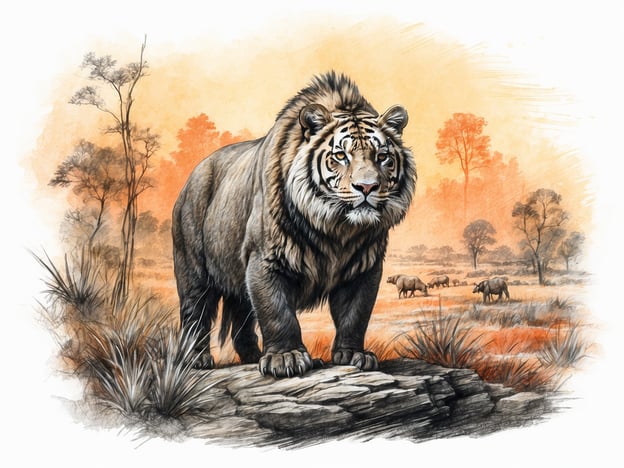 Auf dem Bild ist ein majestätischer Tiger zu sehen, der auf einem Felsen steht. Hinter ihm erstreckt sich eine farbenfrohe Savannenlandschaft mit einigen Elefanten, die in der Ferne grasen. Die Umgebung ist von Bäumen und Gras geprägt, und die Farben des Sonnenuntergangs verleihen der Szene eine warme, ansprechende Atmosphäre. Dieses Bild zeigt die beeindruckende Tierwelt im Tierpark, wo verschiedene Arten in ihrem natürlichen Lebensraum harmonisch koexistieren.