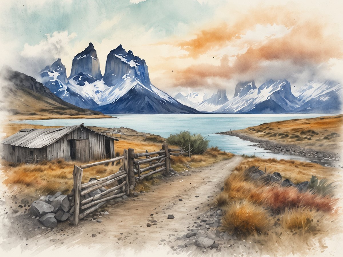 Eine malerische Landschaft mit den beeindruckenden, schneebedeckten Bergen des Torres del Paine im Hintergrund. Im Vordergrund verläuft ein schmaler Weg, der zu einem Gewässer führt. Links steht ein rustikales Holzhaus, umgeben von striegelndem Gras und Steinen. Eine Holzplanke umschließt einen Bereich des Geländes und verstärkt die natürliche Schönheit der Umgebung, während der Himmel in sanften Farben von Orange bis Blau gefärbt ist, was eine ruhige und einladende Atmosphäre schafft. Puerto Natales wird oft als Ausgangspunkt für Wanderungen in den Torres del Paine Nationalpark genutzt, die in dieser beeindruckenden Kulisse beginnen.