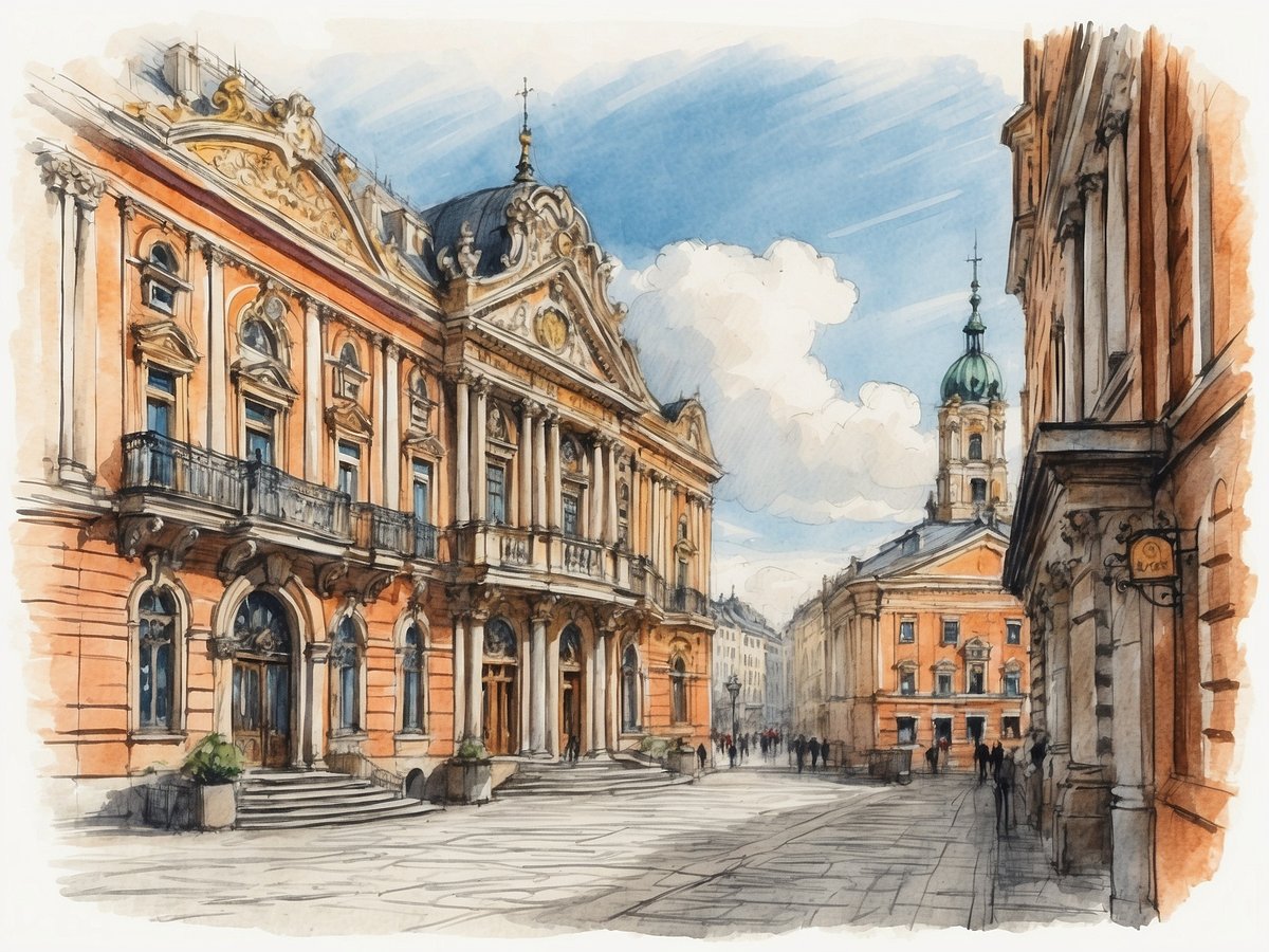 Ein malerischer Blick auf eine Straße in Riga, die von historischen Gebäuden gesäumt ist. Auf der linken Seite ist ein prächtiges, orangefarbenes Gebäude mit vielen Fenstern und einem hohen Balkon zu sehen. Daneben steht ein weiteres charakteristisches Gebäude mit einer grünen Kuppel. Der Himmel ist blau mit einigen weißen Wolken und es sind wenige Menschen auf der Straße zu erkennen, die die Architektur der Stadt bewundern. Die Szenerie strahlt eine ruhige und charmante Atmosphäre aus.