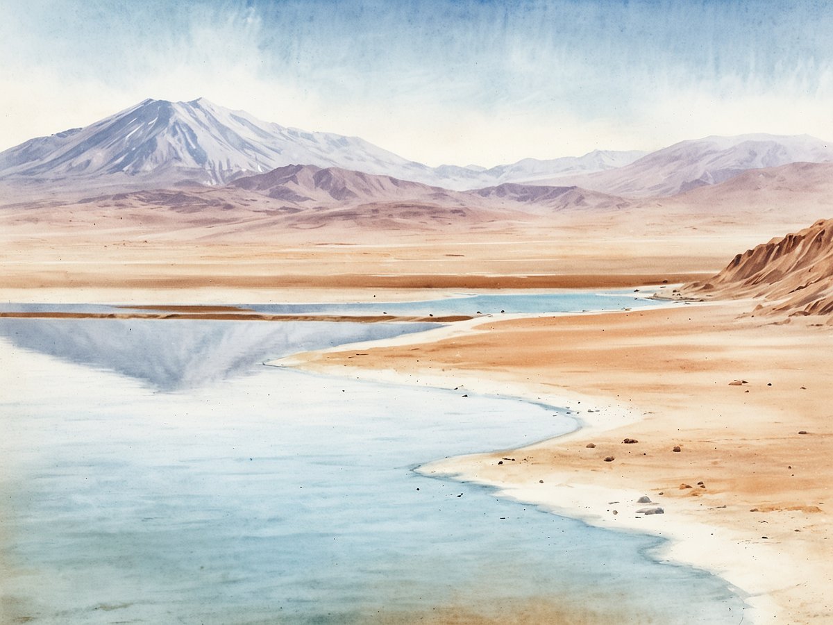 Ein malerischer Blick auf die Laguna Cejar in der Atacama-Wüste. Die Salzlagune spiegelt das sanfte Licht des Himmels wider und zeigt eine ruhige Wasseroberfläche. Im Hintergrund erheben sich majestätische Berge, während die Landschaft von trockenen, sandschichtigen Uferzonen umgeben ist. Die sanften Farbverläufe im Himmel und auf dem Wasser schaffen eine friedliche und traumhafte Atmosphäre.